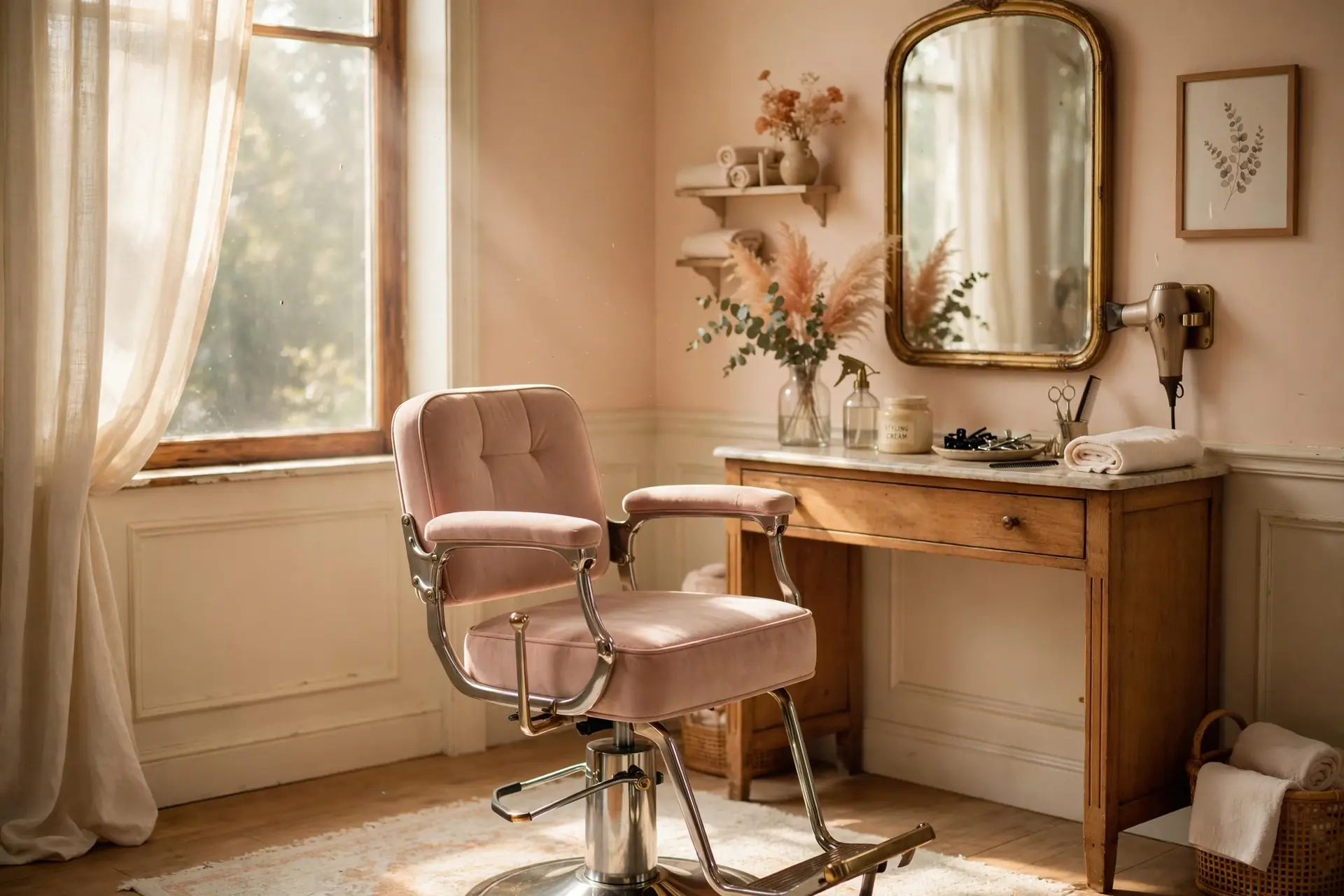 An empty salon styling chair in warm morning daylight